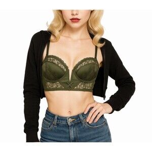 Victoria’s Secret Very Sexy Bustier Demi Bra 32C Olive Green Lace Satin Pin Up